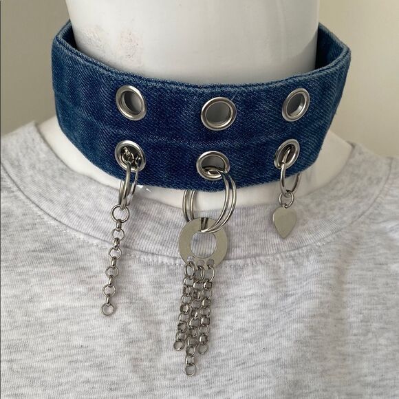 Urban Outfitters Wide Denim Choker w Silver Grommet Holes & Chains with Charms - Picture 1 of 3